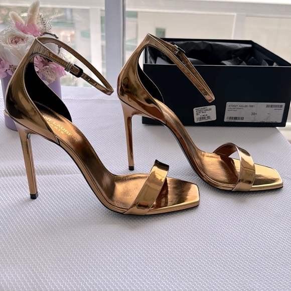 Saint Laurent Metallic Lambskin Amber 105 Ankle Strap Sandals 39.5 Egypt Gold - Picture 6 of 12